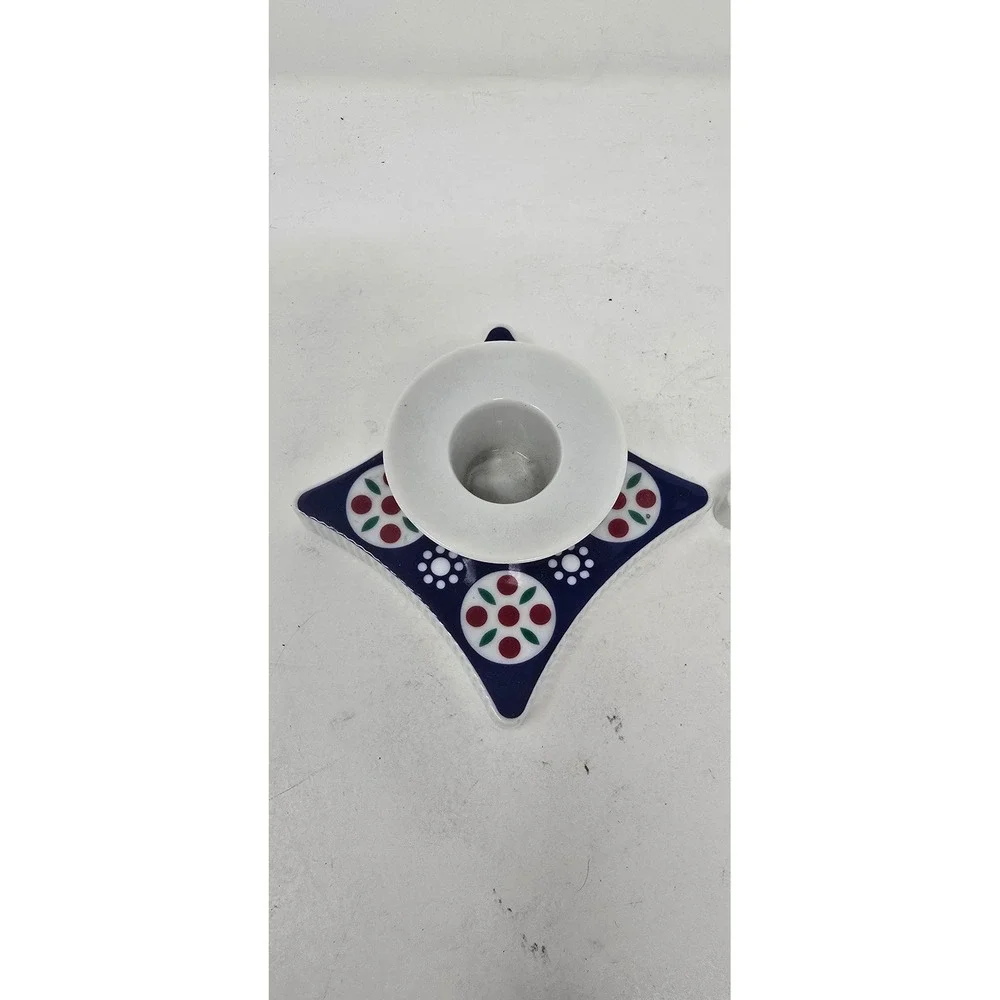 Vtg Schirnding Bavaria MCM German porcelain set of 2 candle holders blue‎ white
